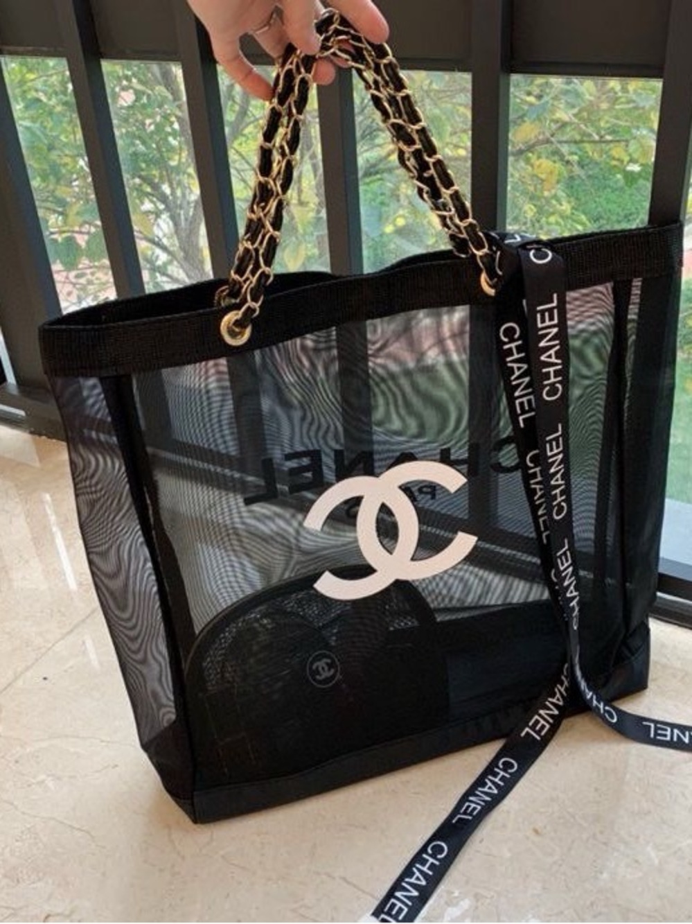 GWP Black Mesh Tote Bag with Chain Strap